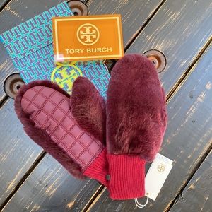Tory Burch Rabbit Fur Mittens in Imperial Garnet